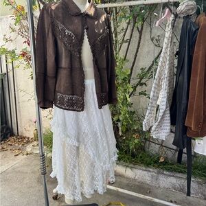 Source Unknown Dark Brown Suede Crochet-Trim Jacket